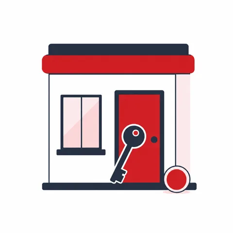 A small building with a key at the door and a single coin