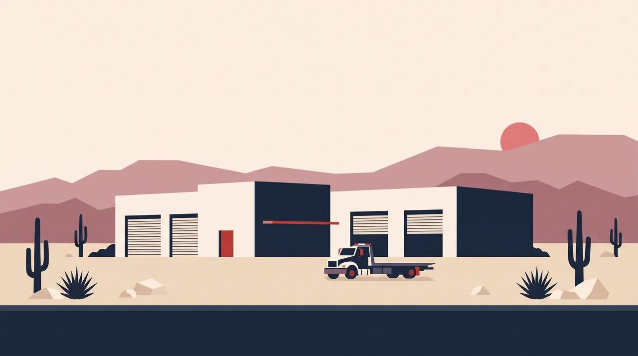 Illustration: a Nevada towing and recovery yard in NSDC house style, not a photograph of the business