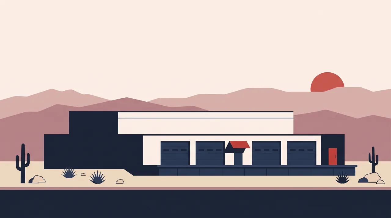 Illustration: a Nevada distribution building with a loading dock in NSDC house style, not a photograph of the business