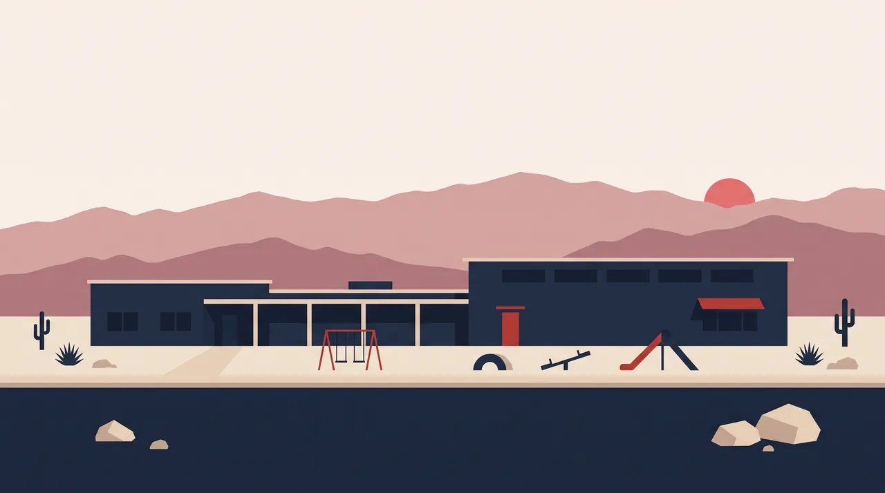 Illustration: a Nevada school building in NSDC house style, not a photograph of the business