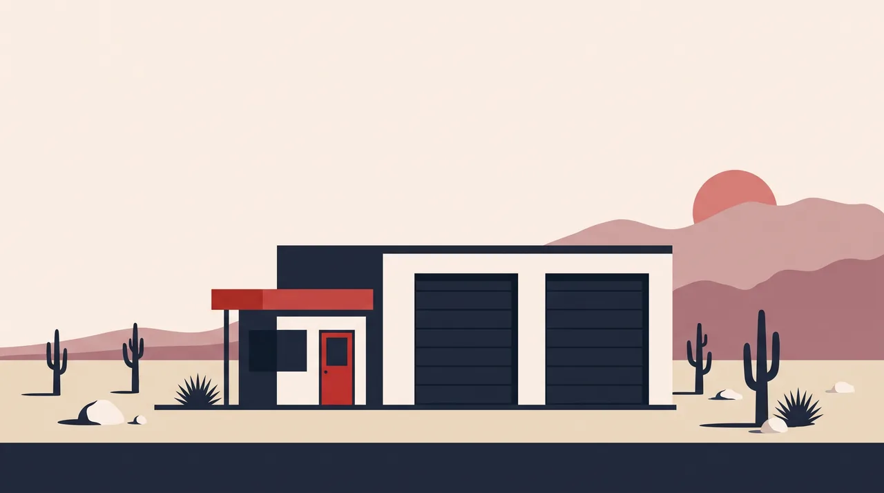 Illustration: a Nevada auto service garage in NSDC house style, not a photograph of the business