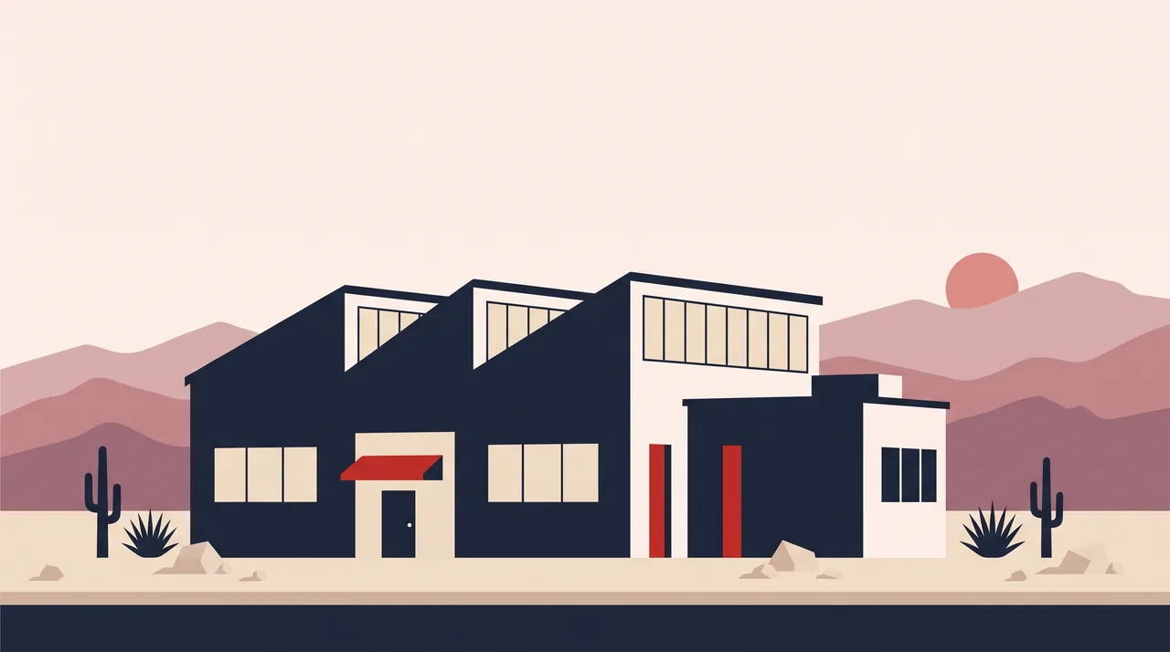 Illustration: a Nevada light-industrial factory in NSDC house style, not a photograph of the business