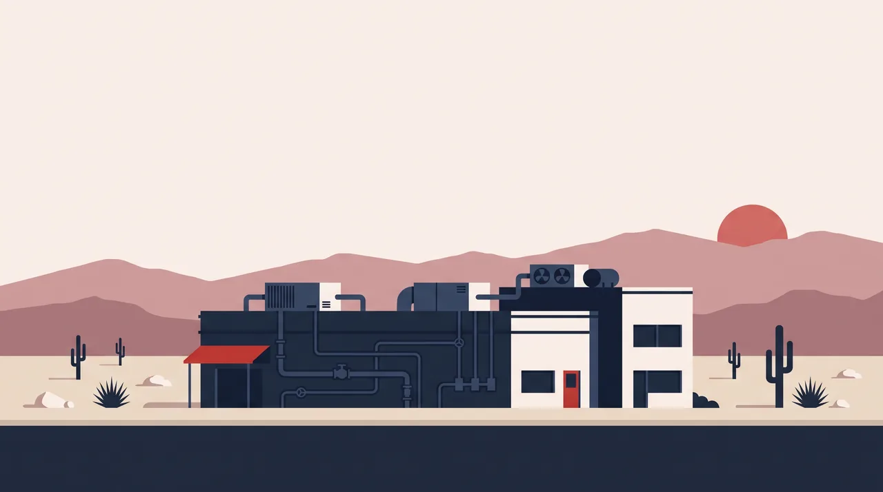 Illustration: a Nevada industrial services building in NSDC house style, not a photograph of the business