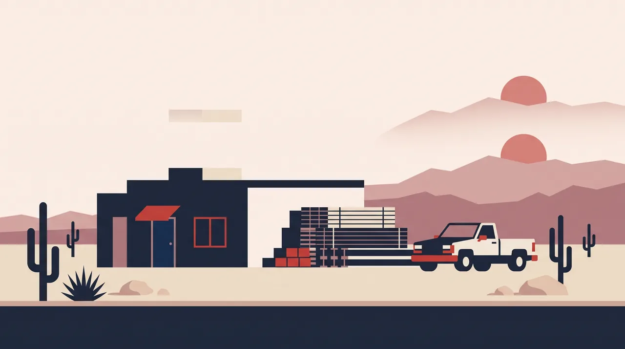 Illustration: a Nevada contractor yard in NSDC house style, not a photograph of the business