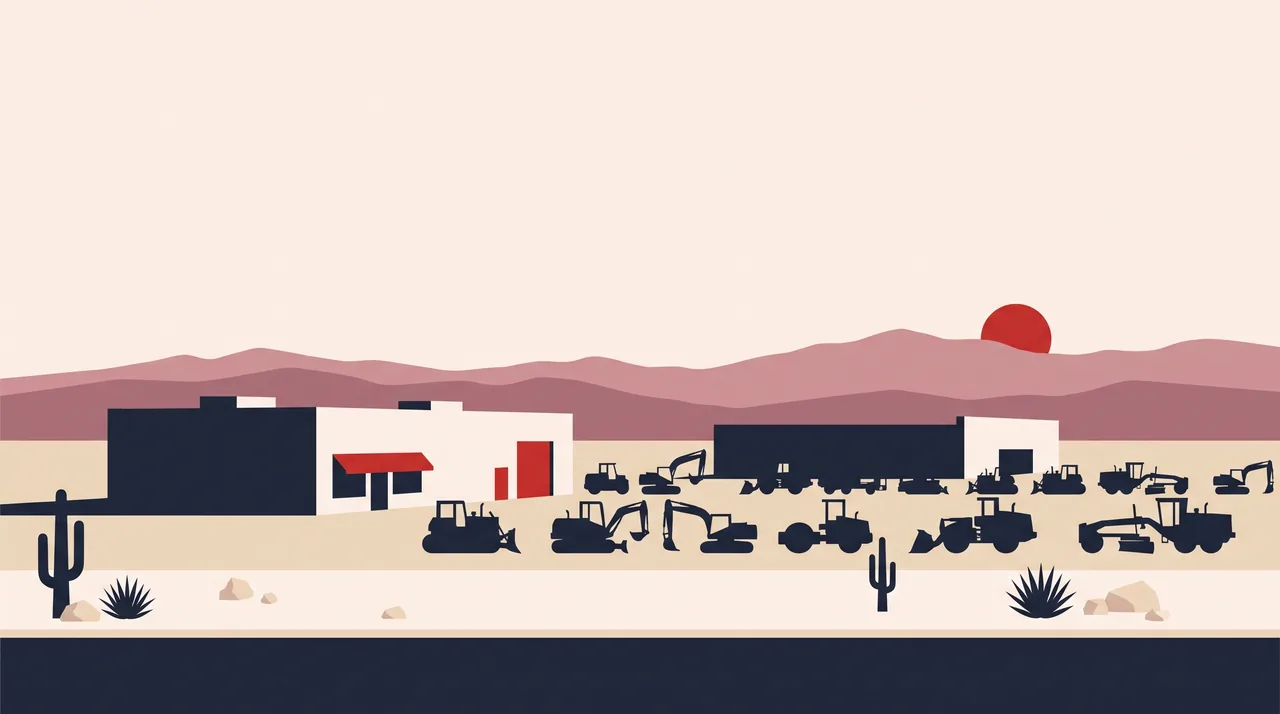 Illustration: a Nevada equipment dealership yard in NSDC house style, not a photograph of the business