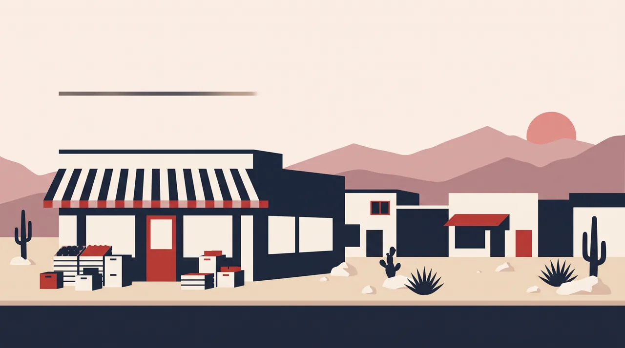 Illustration: a Nevada corner market in NSDC house style, not a photograph of the business